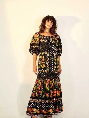 Farm Rio Black Floral Square-Neck Maxi Dress with Puff Sleeves Sz S